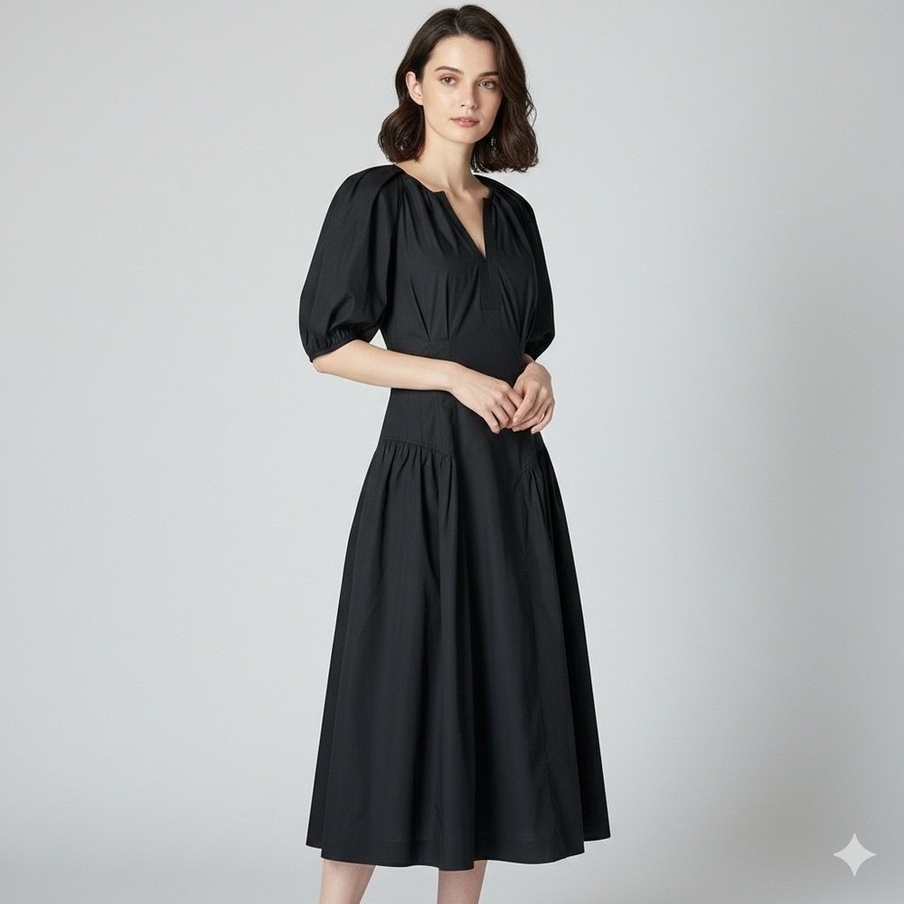 Ulla Johnson Carina Black Cotton Poplin Puff Sleeve V-Neck Midi Dress Size 8